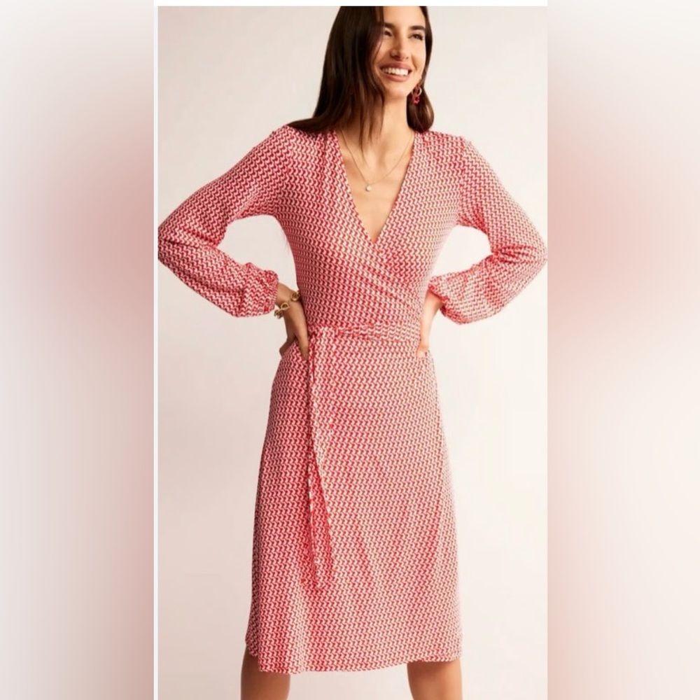 Boden Pink Patterned Long-Sleeve Wrap Dress